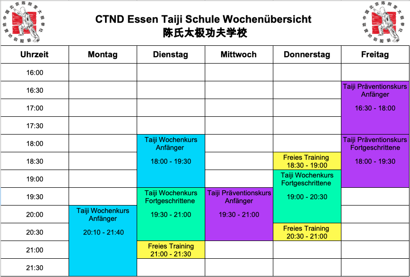 CTND Essen Taiji Taichi Schule Stundenplan