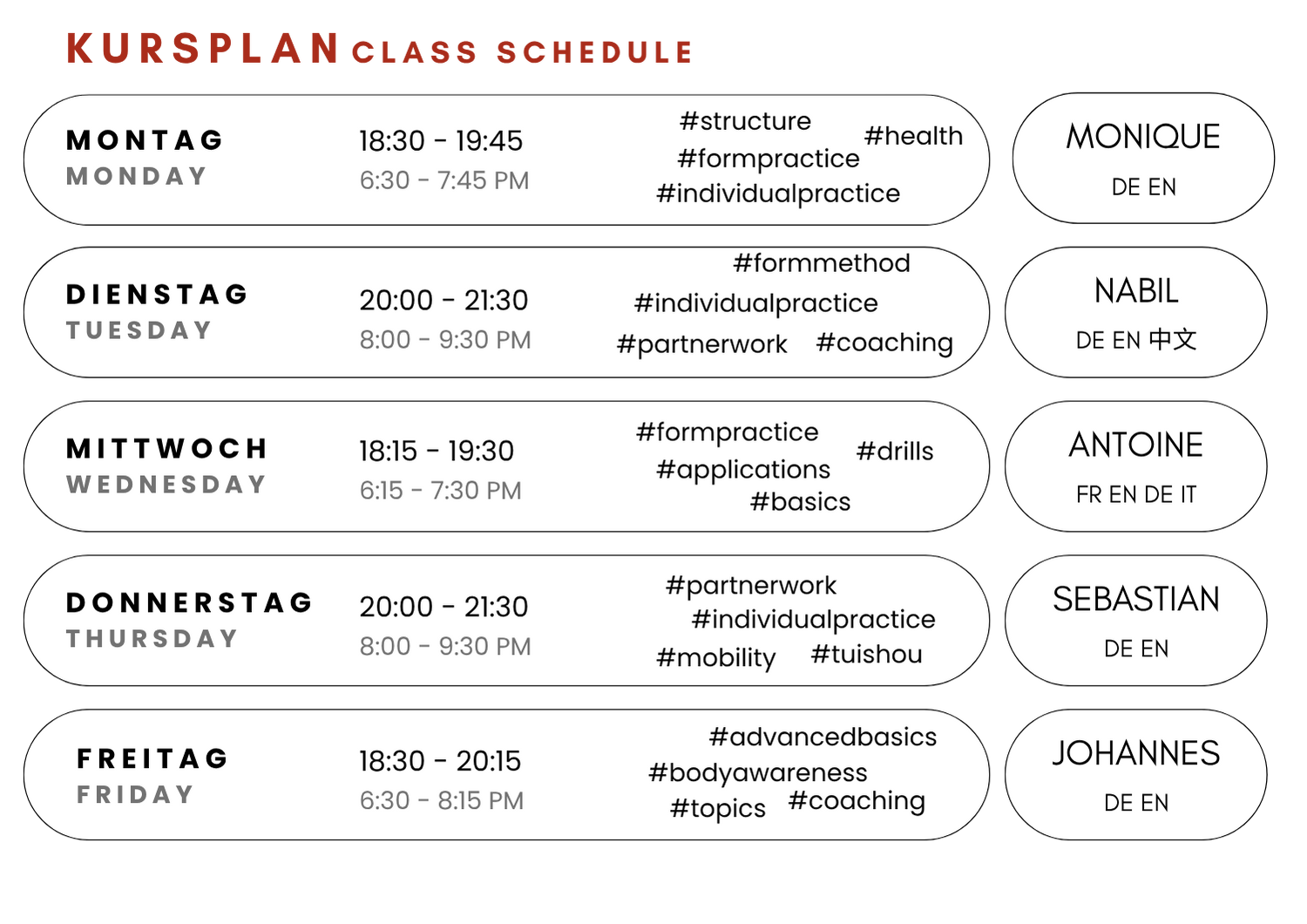 2025 Taijiquan Taichi Stundenplan